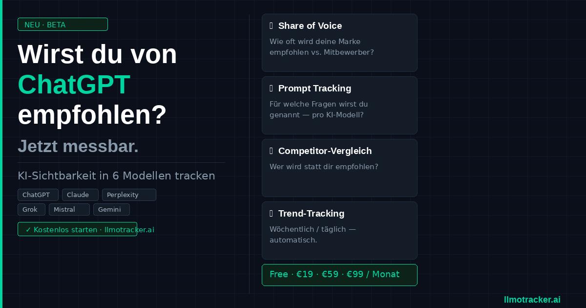 LLMO TRACKER misst KI-Sichtbarkeit in 6 KI-Modellen: Share of Voice, Prompt Tracking und Trend-Tracking.
